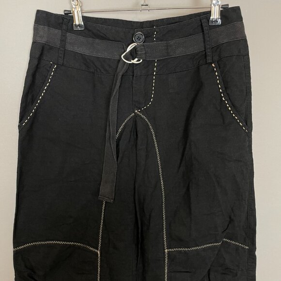 Black Pants Linen‎ Cotton Buckle Waist Size 2 Low Rise Cropped Skater Casual - Picture 5 of 13